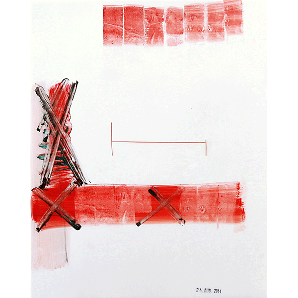 MONIKA BRANDMEIER<br/>Untitled 24 Aug 2014 (noway), 2014, oil, colour pencil, tape on waxed paper, 30 x 24 cm