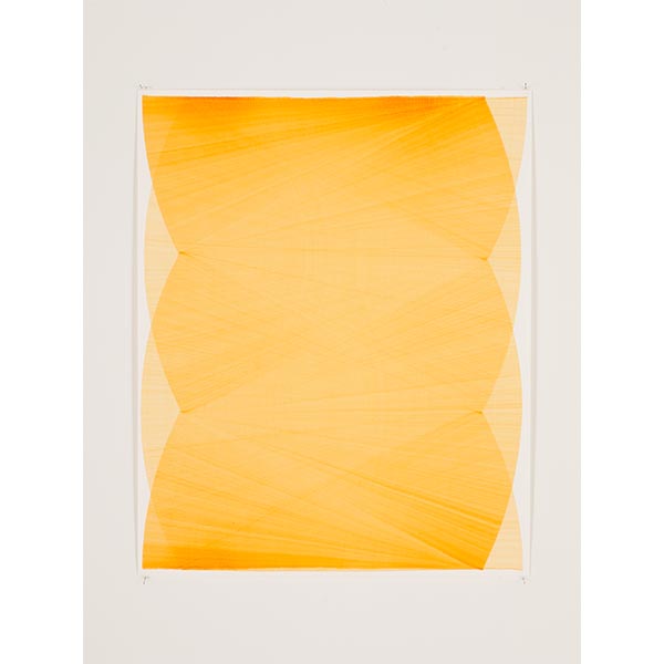 THOMAS TRUM<br/>Two Yellow Fan Shaped Lines #1, 2020, Acrylic on paper, 104 x 84 cm