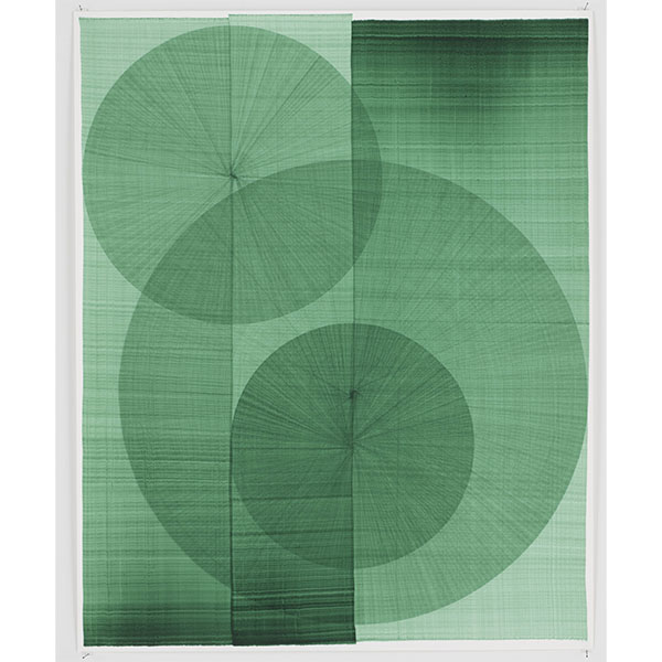 THOMAS TRUM<br />Three Green Lines #6, 2022, marker drawing on paper, 104 x 84 cm