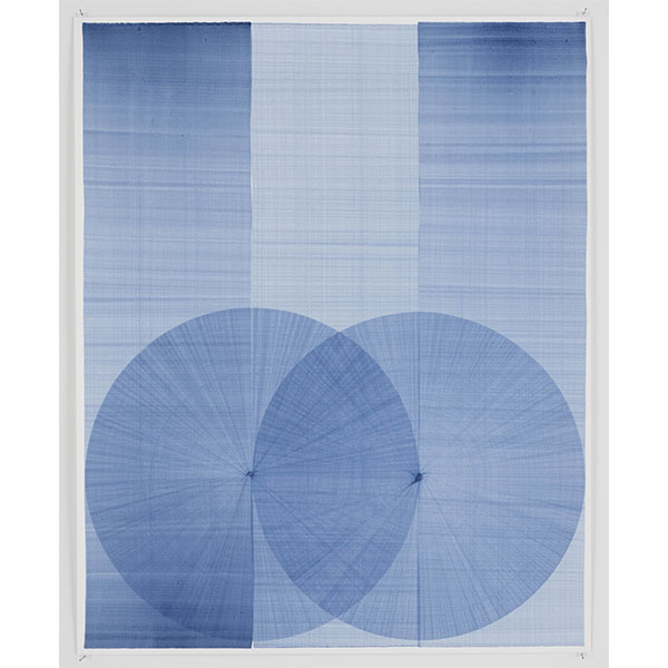 THOMAS TRUM<br />Three Blue Lines #7, 2022,  marker drawing on canvas, 104 x 84 cm
