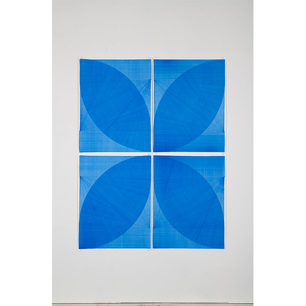 THOMAS TRUM<br />Two Blue Lines #4, marker drawing on paper,  4 parts, 208 x 168 cm