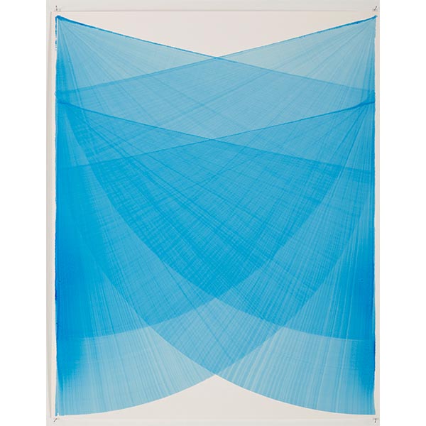 THOMAS TRUM<br/>Four Blue Fan Shaped Lines #2, 2021, Acrylic on paper, 104 x 84 cm