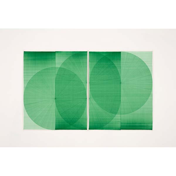 THOMAS TRUM<br />Three Green Lines #1, 2021, marker drawing on paper, 168 x 104 cm