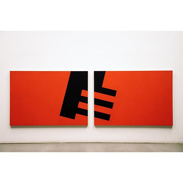 DIET SAYLER<br/>Paglio, 2002, Diptychon, acrylic on canvas on wood, 105 x 312 x 5,5 cm