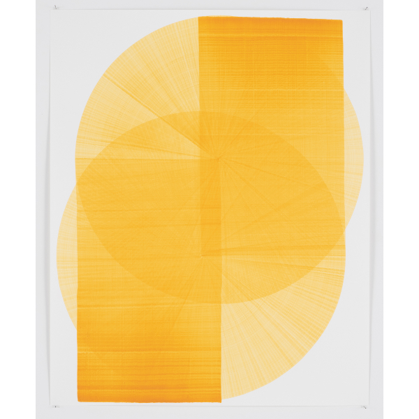 THOMAS TRUM<br />Two Yellow Lines #31, 2022, Acrylic on Paper, 104 x 84 cm
