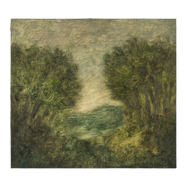 JÖRG KRATZ<br>pastoral landscape, 2022, oil on canvas mounted on wood, 18 x 20 cm