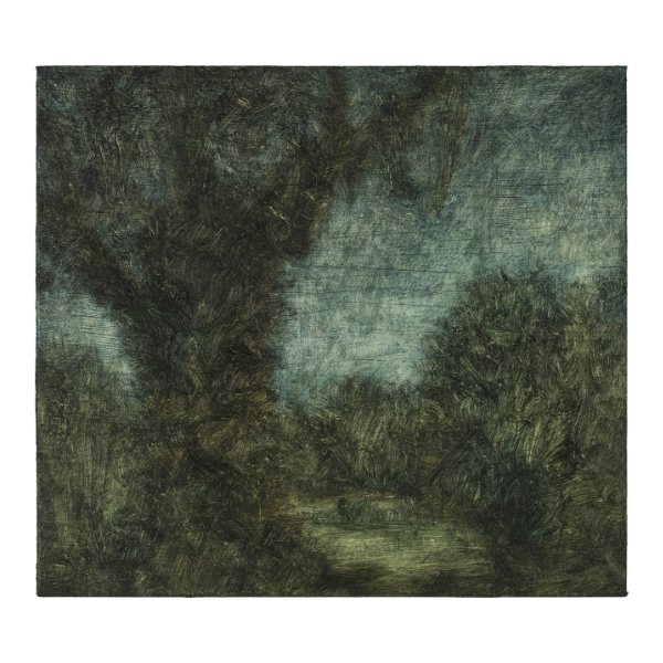 JÖRG KRATZ<br>mossy tree, 2022, oil on canvas mounted on wood, 18 x 20 cm