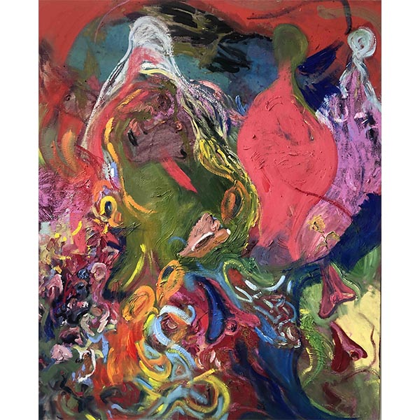 NINA LAMIEL BRUCHHAUS<br>Girly drips, 2023, Öl, Pigmente, Leimfarbe auf Leinen, 150 x 125 cm