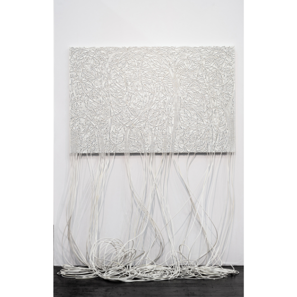 mounir fatmi<br>Roots #10, 2018, antenna cable and staples on wood, appr. 220 x 110 cm
