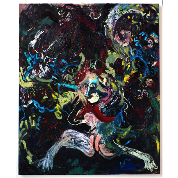 NINA LAMIEL BRUCHHAUS<br>Froschkönigin, 2022, Öl, Ölkreide, Pigmente, Leimfarbe auf Leinen, 150 x 125 cm