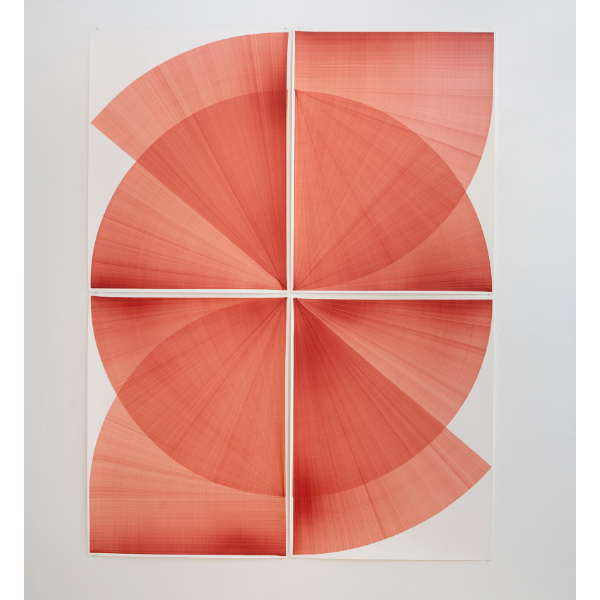THOMAS TRUM<BR/>Two Red Lines #1, 2020, marker on paper, four parts a 104 x 84 cm, 210 x 162 cm
