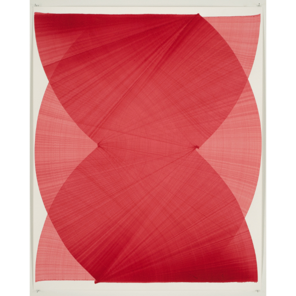 THOMAS TRUM<br>Two Fan Shaped Lines Red #2, 2020, Acrylic on Paper, 104 x 84 cm