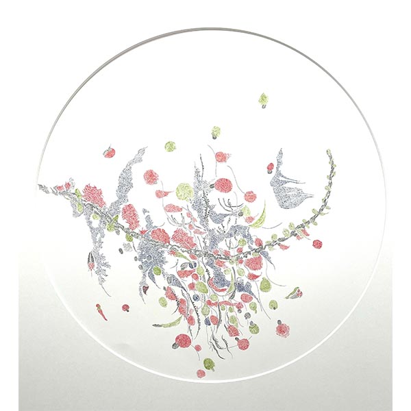 GABRIELA OBERKOFLER<br>Lärchenast mit Flechten (Alge und Pilz), 2023, Tuschestift auf Papier, 85 x 85 cm